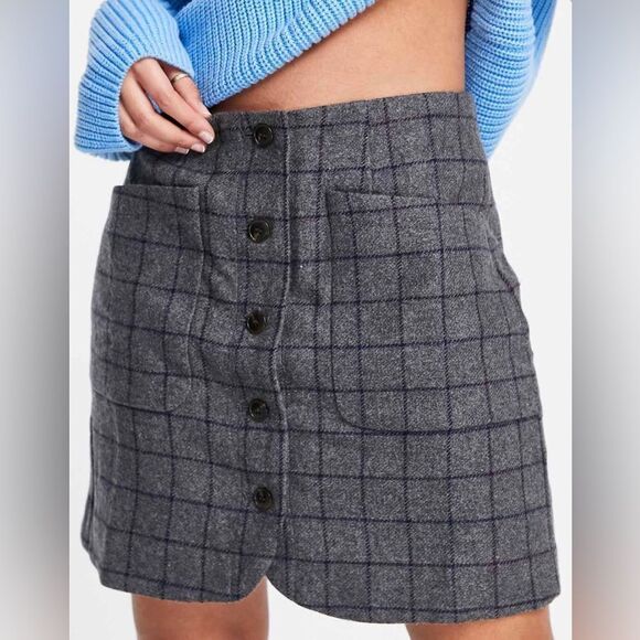 Madewell Gray Wool Navy Blue Windowpane Grid Patch Pocket Button Mini Skirt - Picture 1 of 16